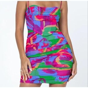 Princess Polly Ruched Mesh Bodycon Mini Dress Abstract Print Strappy